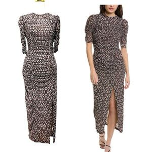 Free People Black Brielle Ruched Puff Sleeves Midi Dress Sz M